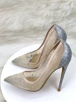 Chaussures de soirée à talons hauts en maille strass bout pointu chaussures de mariage à talons aiguilles