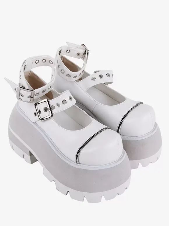 Chaussures gothiques Lolita avec 艙illets métalliques noirs bout rond chaussures Lolita en cuir PU