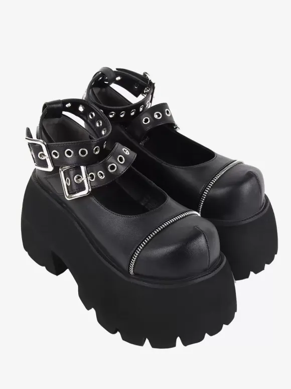 Chaussures gothiques Lolita avec 艙illets métalliques noirs bout rond chaussures Lolita en cuir PU