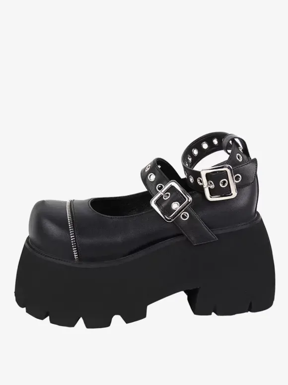 Chaussures gothiques Lolita avec 艙illets métalliques noirs bout rond chaussures Lolita en cuir PU