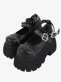 Chaussures gothiques Lolita avec 艙illets métalliques noirs bout rond chaussures Lolita en cuir PU