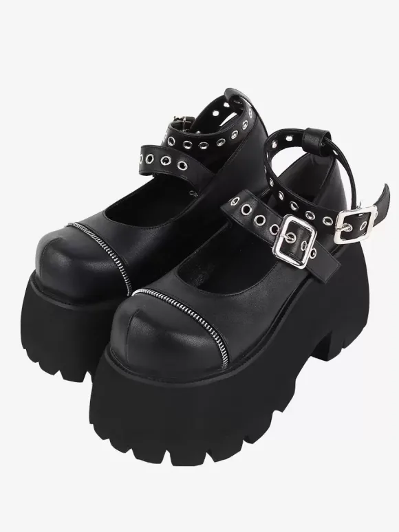 Chaussures gothiques Lolita avec 艙illets métalliques noirs bout rond chaussures Lolita en cuir PU
