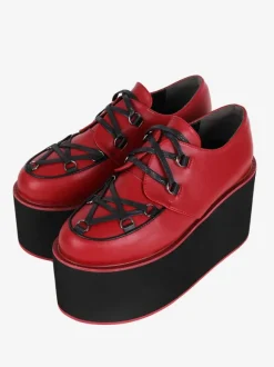 Chaussures gothiques Lolita bordeaux à lacets  escarpins Lolita en cuir PU à bout rond