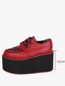 Chaussures gothiques Lolita bordeaux à lacets  escarpins Lolita en cuir PU à bout rond