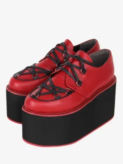 Chaussures gothiques Lolita bordeaux à lacets  escarpins Lolita en cuir PU à bout rond