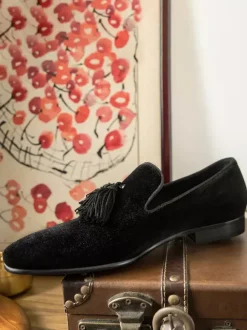 Chaussures habillées en velours pour hommes bout rond à enfiler chaussures de bal formelles avec pompons