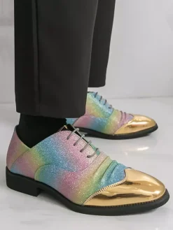 Chaussures habillées à paillettes pour hommes bout rond patchwork lacets chaussures décontractées