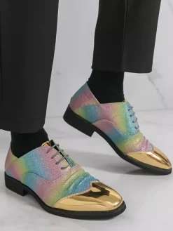 Chaussures habillées à paillettes pour hommes bout rond patchwork lacets chaussures décontractées