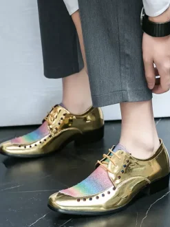 Chaussures habillées pour hommes patchwork bout rond clous décoratifs derbies basses antidérapantes chaussures de bal
