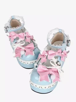 Chaussures Lolita douces bleu ciel clair à bout rond et n艙ud papillon en cuir PU chaussures tendance Kawaii