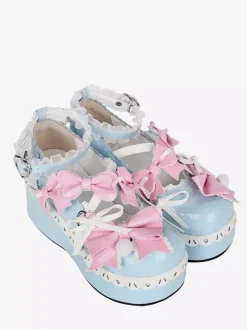 Chaussures Lolita douces bleu ciel clair à bout rond et n艙ud papillon en cuir PU chaussures tendance Kawaii