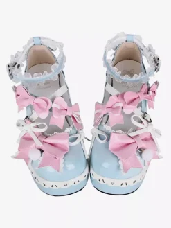 Chaussures Lolita douces bleu ciel clair à bout rond et n艙ud papillon en cuir PU chaussures tendance Kawaii