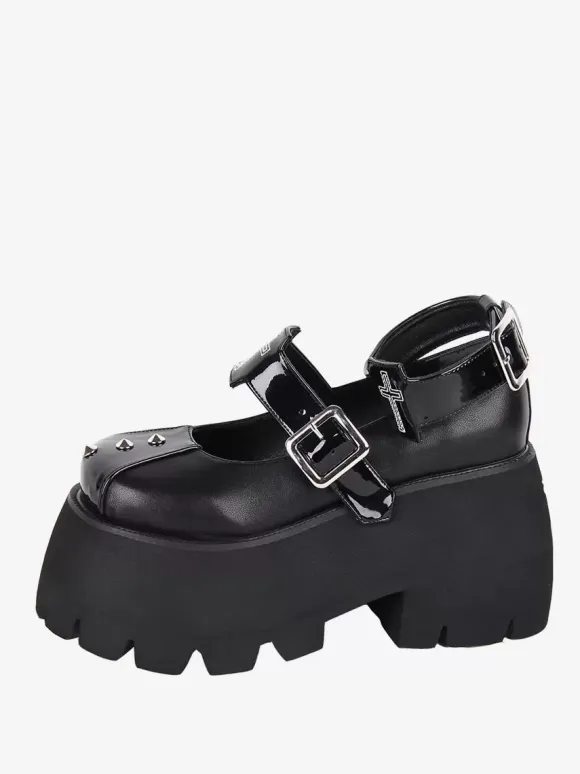 Chaussures Lolita Gothiques Escarpins Lolita à Talons Compensés en Cuir PU Métallisé à Rivets Noirs