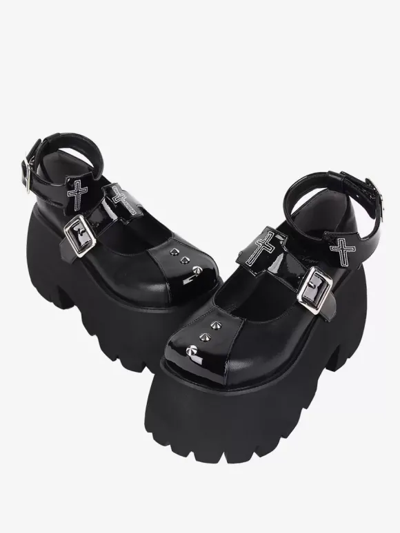 Chaussures Lolita Gothiques Escarpins Lolita à Talons Compensés en Cuir PU Métallisé à Rivets Noirs