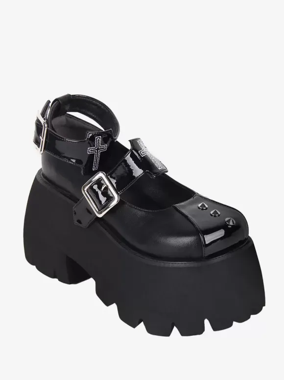 Chaussures Lolita Gothiques Escarpins Lolita à Talons Compensés en Cuir PU Métallisé à Rivets Noirs