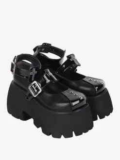 Chaussures Lolita Gothiques Escarpins Lolita à Talons Compensés en Cuir PU Métallisé à Rivets Noirs
