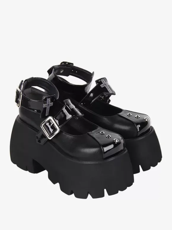 Chaussures Lolita Gothiques Escarpins Lolita à Talons Compensés en Cuir PU Métallisé à Rivets Noirs