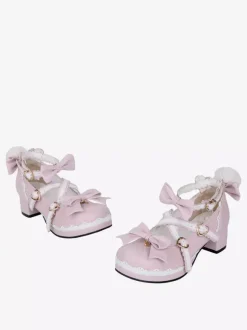 Chaussures Lolita roses à talons épais en cuir avec n艙ud papillon Mary Janes Kawaii Lolita