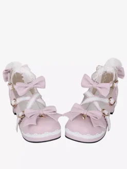 Chaussures Lolita roses à talons épais en cuir avec n艙ud papillon Mary Janes Kawaii Lolita