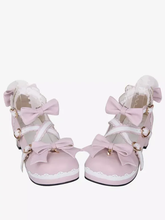 Chaussures Lolita roses à talons épais en cuir avec n艙ud papillon Mary Janes Kawaii Lolita