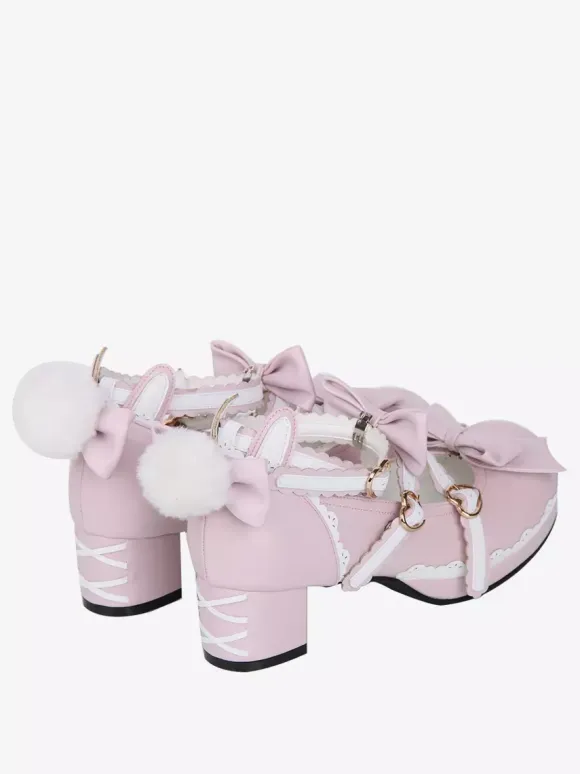Chaussures Lolita roses à talons épais en cuir avec n艙ud papillon Mary Janes Kawaii Lolita