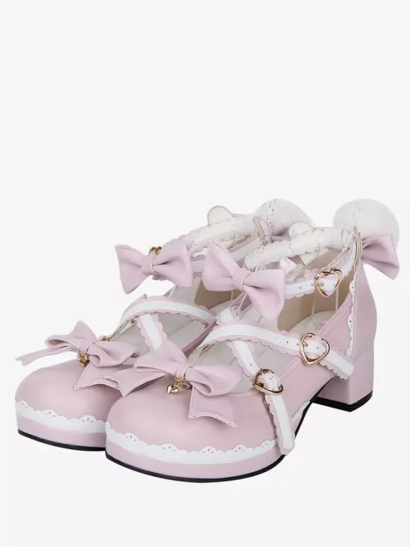 Chaussures Lolita roses à talons épais en cuir avec n艙ud papillon Mary Janes Kawaii Lolita