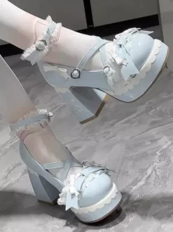 Chaussures Lolita Sweet bleu ciel clair à n艙uds bout rond talon compensé en cuir PU
