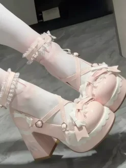 Chaussures Lolita Sweet bleu ciel clair à n艙uds bout rond talon compensé en cuir PU
