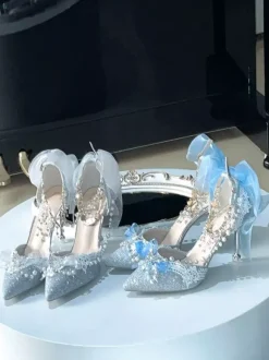 Chaussures Lolita Sweet chaînes bleues n艙uds bout pointu talon aiguille