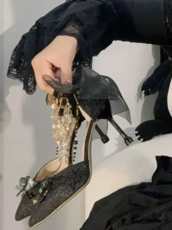 Chaussures Lolita Sweet chaînes bleues n艙uds bout pointu talon aiguille