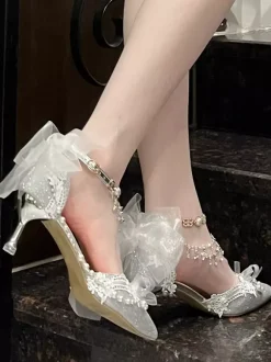 Chaussures Lolita Sweet chaînes bleues n艙uds bout pointu talon aiguille
