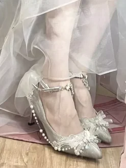 Chaussures Lolita Sweet chaînes bleues n艙uds bout pointu talon aiguille