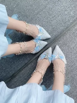 Chaussures Lolita Sweet chaînes bleues n艙uds bout pointu talon aiguille