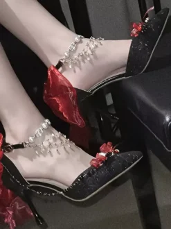 Chaussures Lolita Sweet chaînes bleues n艙uds bout pointu talon aiguille