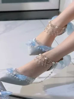 Chaussures Lolita Sweet chaînes bleues n艙uds bout pointu talon aiguille