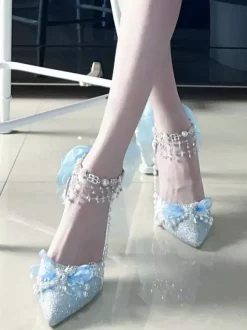 Chaussures Lolita Sweet chaînes bleues n艙uds bout pointu talon aiguille