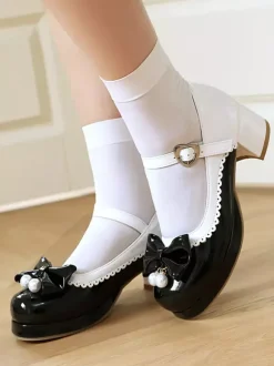 Chaussures Lolita Sweet en cuir PU violet avec perles et n艙uds bout rond