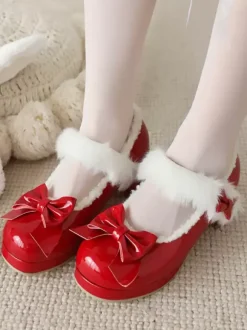 Chaussures Lolita Sweet en cuir PU à bout rond avec n艙uds rouges