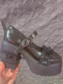 Chaussures Lolita Sweet Escarpins Lolita à talons épais en cuir PU avec n艙uds blancs et dentelle