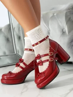 Chaussures Lolita Sweet Lolita avec n艙uds rouges et détails en métal bout rond tige en PU verni