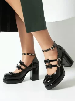 Chaussures Lolita Sweet Lolita avec n艙uds rouges et détails en métal bout rond tige en PU verni