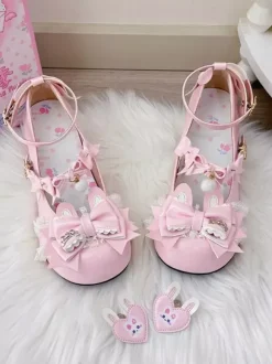 Chaussures Lolita Sweet à n艙uds roses Rubbit Bunny en cuir PU à talons compensés