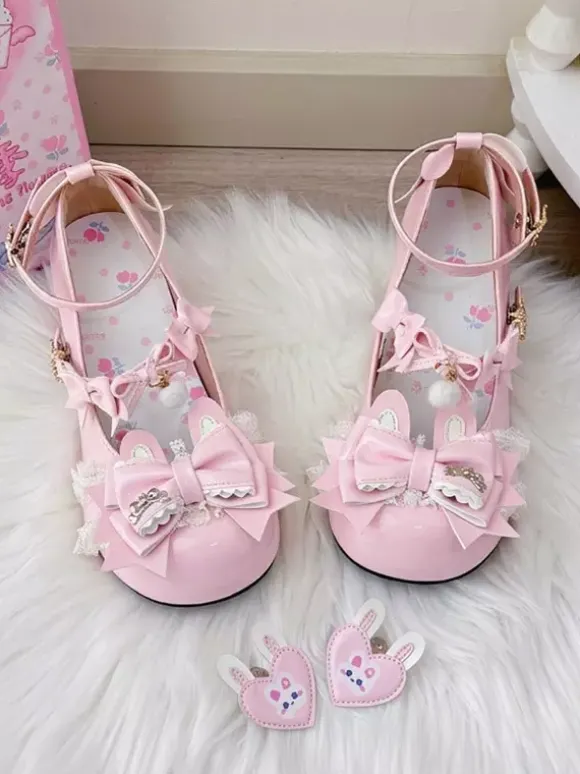 Chaussures Lolita Sweet à n艙uds roses Rubbit Bunny en cuir PU à talons compensés