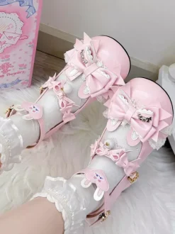 Chaussures Lolita Sweet à n艙uds roses Rubbit Bunny en cuir PU à talons compensés