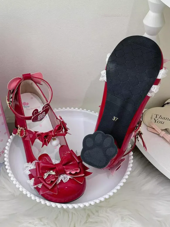 Chaussures Lolita Sweet à n艙uds roses Rubbit Bunny en cuir PU à talons compensés