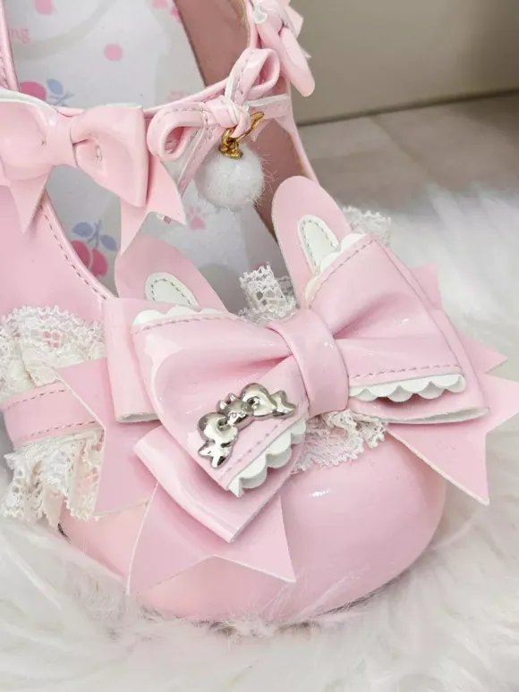 Chaussures Lolita Sweet à n艙uds roses Rubbit Bunny en cuir PU à talons compensés