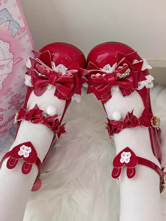 Chaussures Lolita Sweet à n艙uds roses Rubbit Bunny en cuir PU à talons compensés