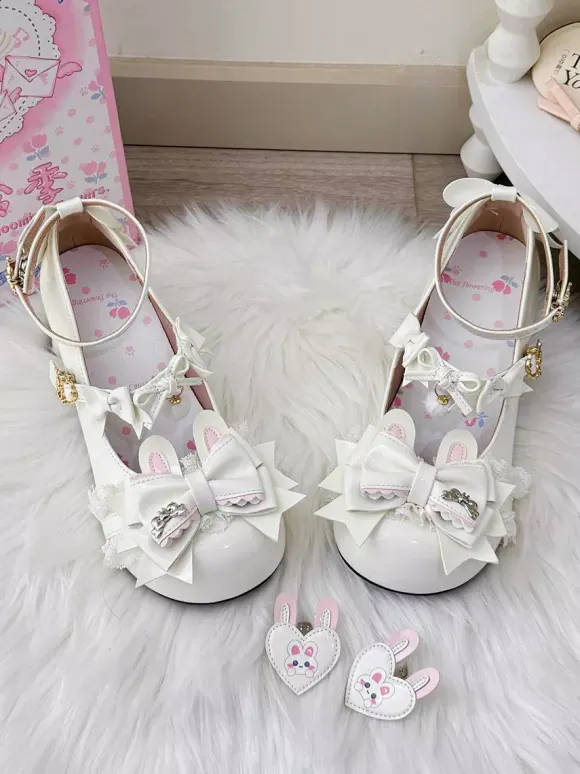 Chaussures Lolita Sweet à n艙uds roses Rubbit Bunny en cuir PU à talons compensés