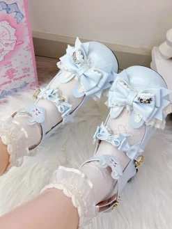Chaussures Lolita Sweet à n艙uds roses Rubbit Bunny en cuir PU à talons compensés