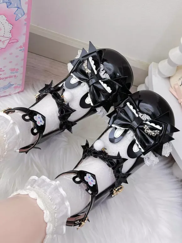 Chaussures Lolita Sweet à n艙uds roses Rubbit Bunny en cuir PU à talons compensés